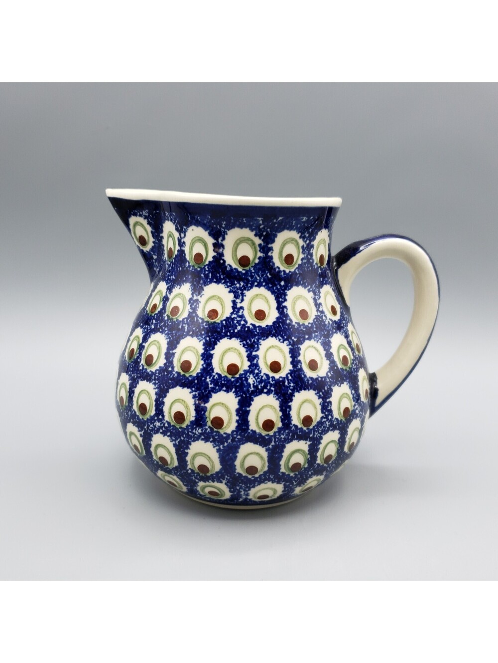 Poland Pottery Boleslawiec Milk Jug Pitcher Hand Painted Dots Peacock Polish